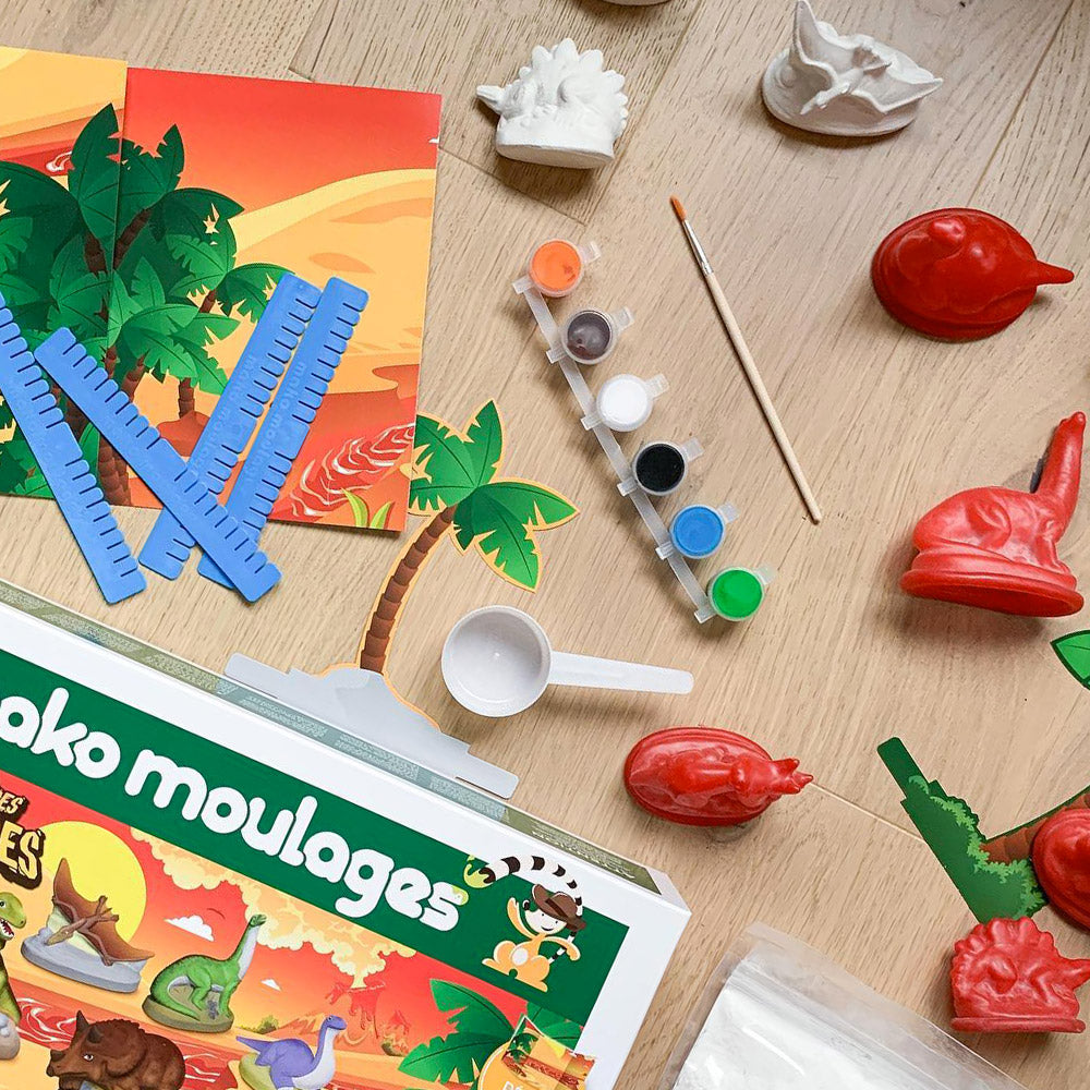 Mako Moulages Kit Dinosaures – 3 Moules Ankylosaure, Spinosaure, Vélociraptor + Plâtre & Peinture